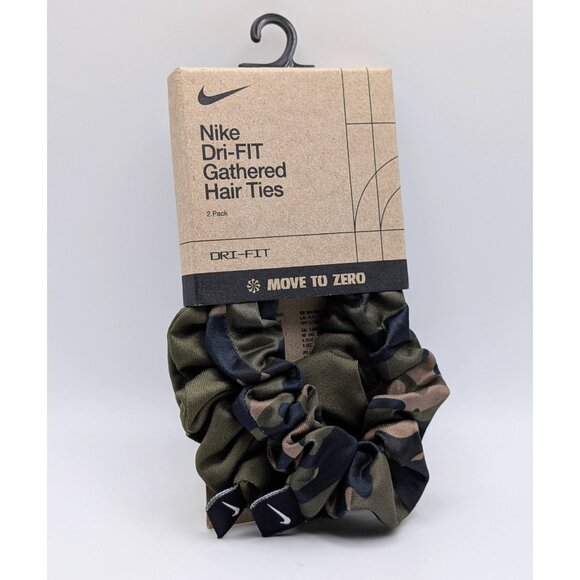 NEW Nike Dri-Fit Camo & Army Green Gathered Ponytail Hair Ties 2 Pack Scrunchies - Picture 1 of 3